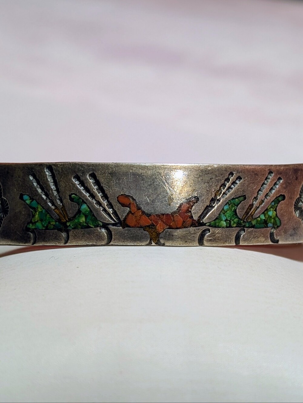 Vintage HC A.S. 1976 Bicentennial .925 Silver Cuff w/Turquoise Coral Chip Inlay